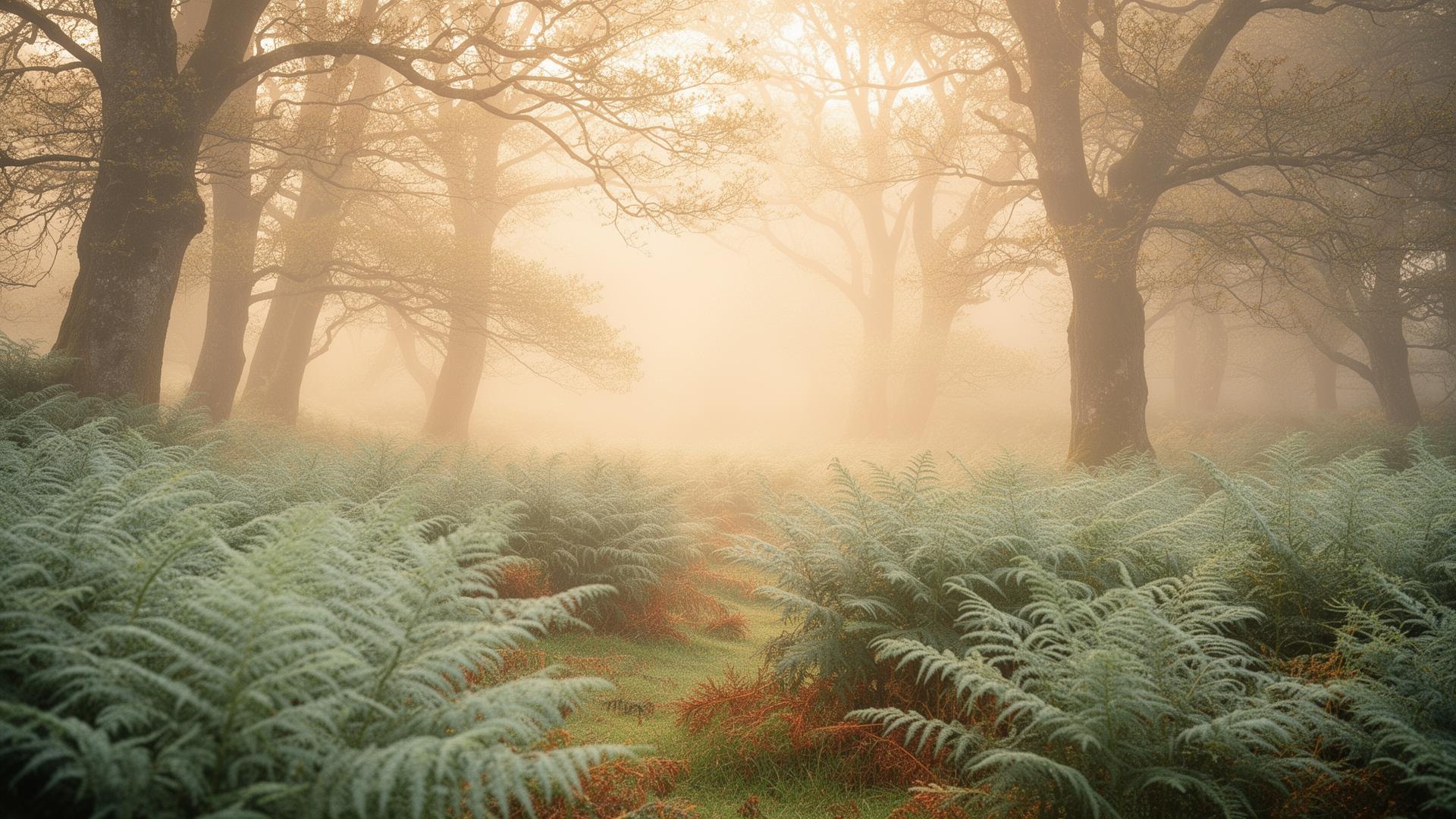 Morning mist over a welsh woodland with sage green ferns