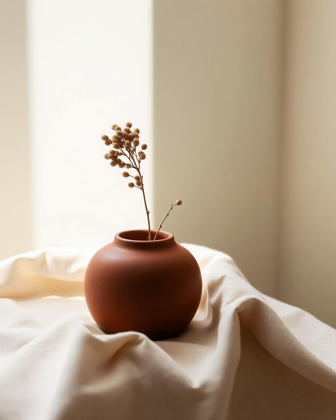 Terracotta vessel with a single dried botanical sprig on warm linen